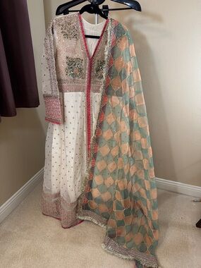 Hussain rehar Ivory Long-Sleeve embellished Anarkali Dress set
